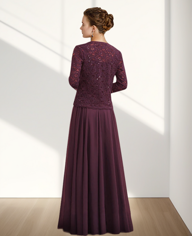Two Piece A-Line Mother of the Bride Dress Elegant Jewel Neck Floor Length Chiffon Lace Half Sleeve with Pleats 2024