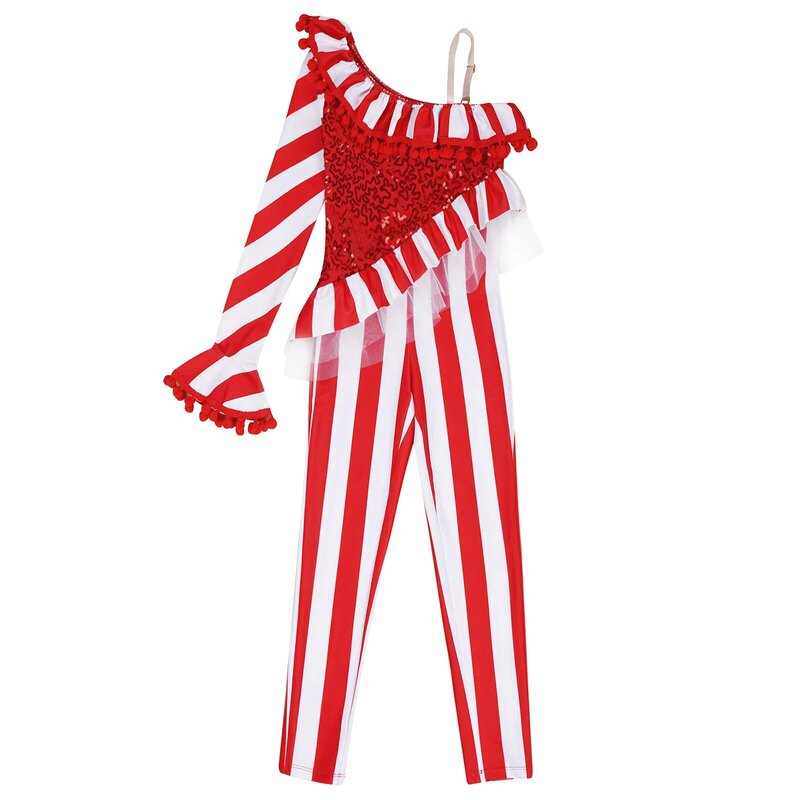 Ragazze bambini Xmas Candy Cane Striped Unitard tuta paillettes Ruffle Pom Pom Trim body Ballet Dance Cheer Performance Costume