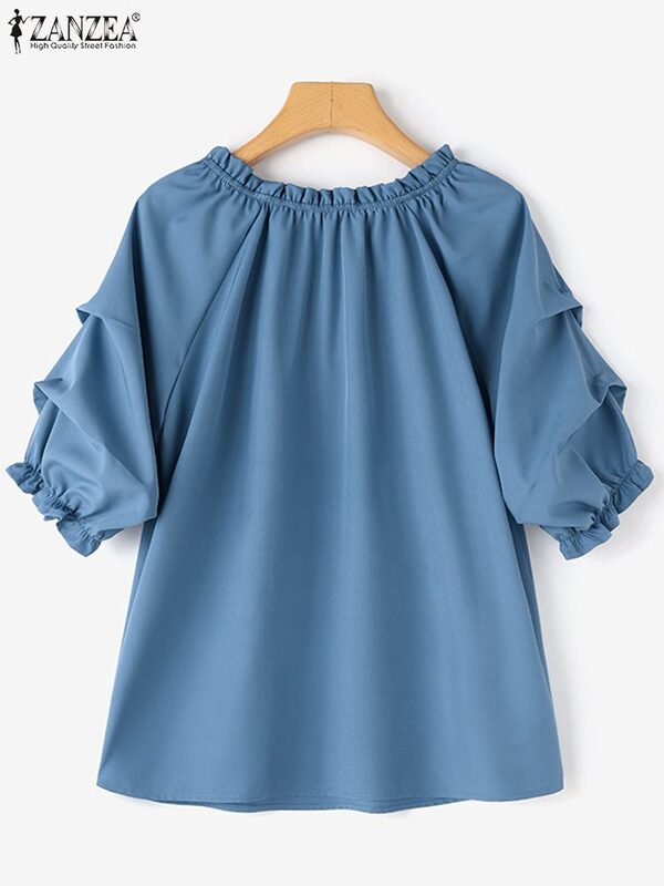 Zanzea Mode Stringy Web kante Kragen Top Frauen elastische Plissee Bluse 2024 Sommer Büro Halbarm Shirt Vintage Chic Tops