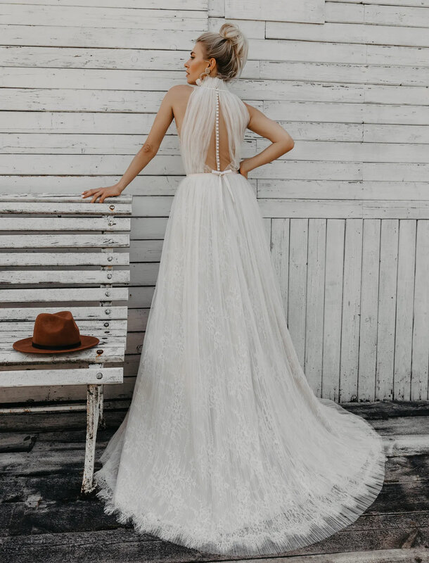 Bohemian Lace A line Wedding Dress High Neck Sleeveless Beach Bridal Gowns Illusion Back Buttons Pleats Hippie Style