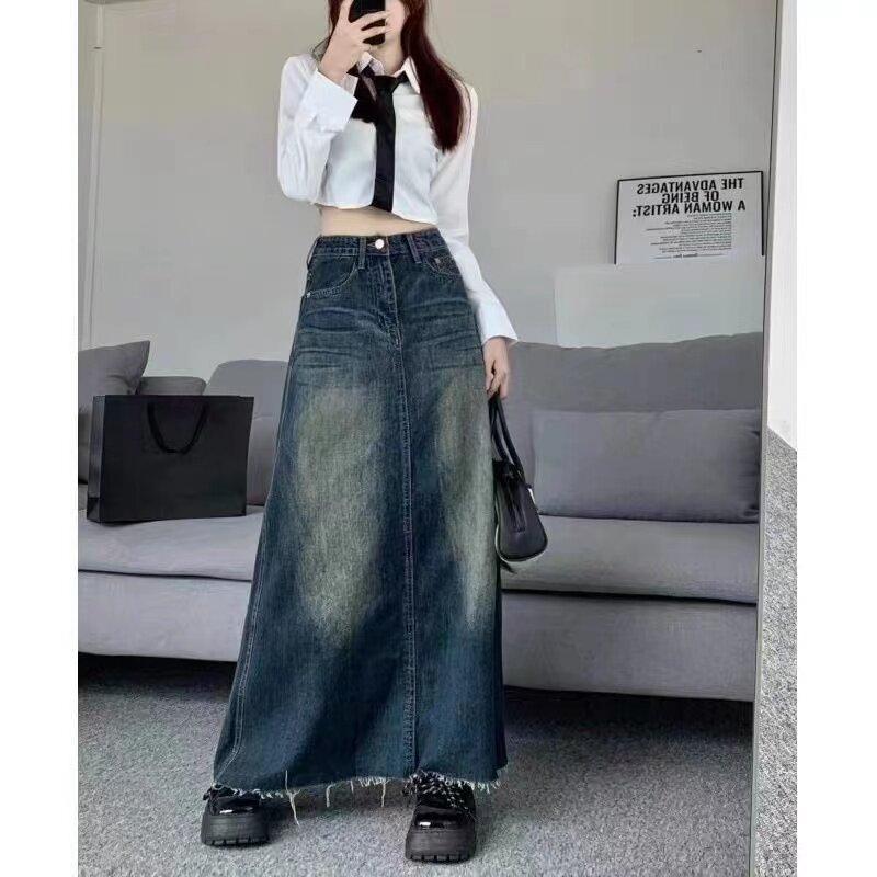 2022 корейская мода кавайные свободные до колен в стиле Харадзюку длинная юбка миди готические гранж джинсы юбки-Карандаш Макси