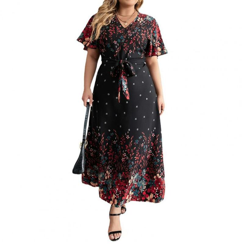 Vestido maxi com estampa floral elegante para mulheres, cintado decote em v, detalhe com cordões, cinto plus size, comprimento do tornozelo