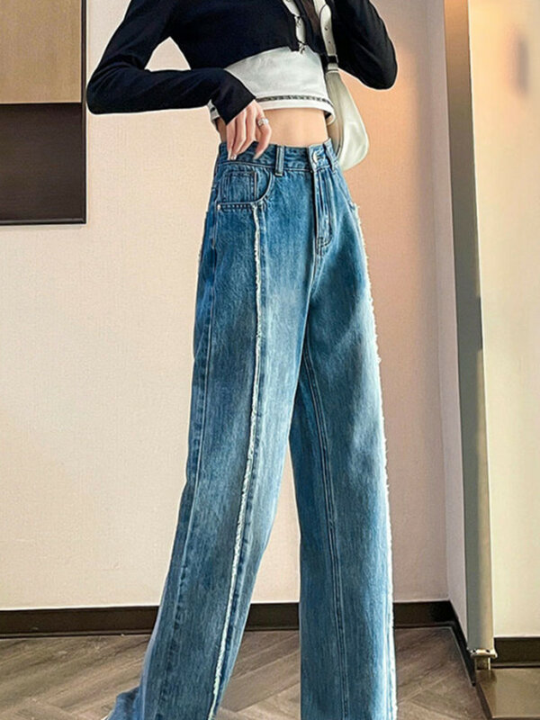 جينز تنحيف واسع بخصر عالٍ للنساء ، ساق مستقيمة ، بنطال ساق واسعة ، تصميم عصري ، جديد ، ربيعي وخريفي ، أو