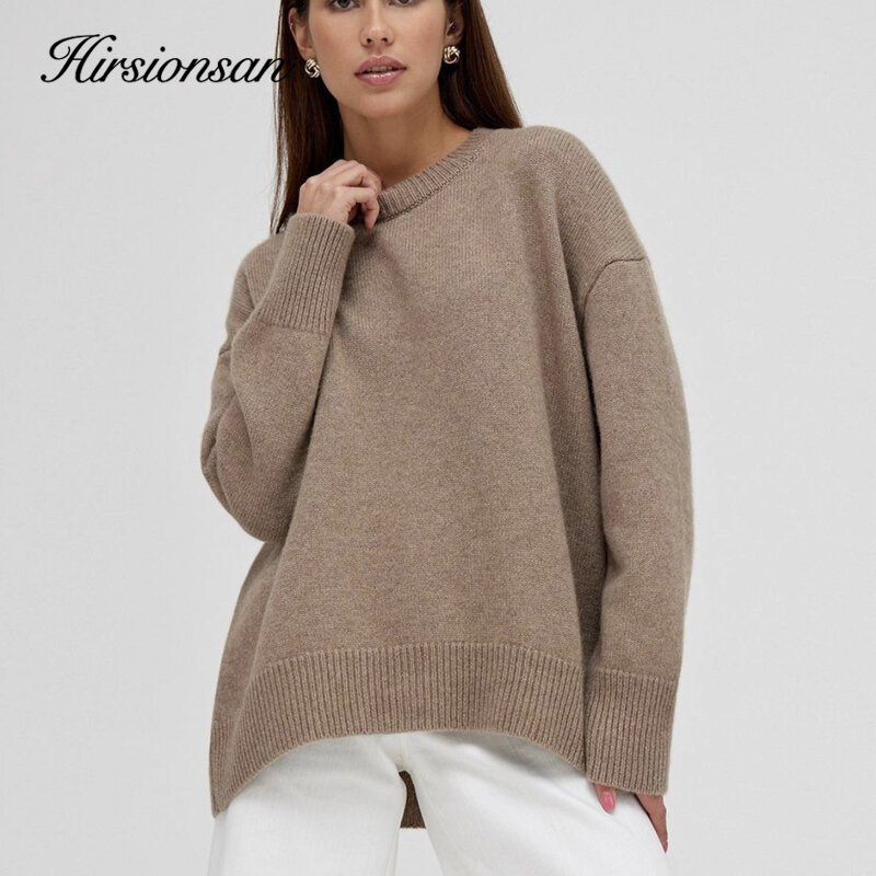Hirsionsan-오버사이즈 캐시미어 스웨터 여성용, 세련되고 부드러운 기본 니트 풀오버, 캐주얼 점퍼, 가을 겨울 패션