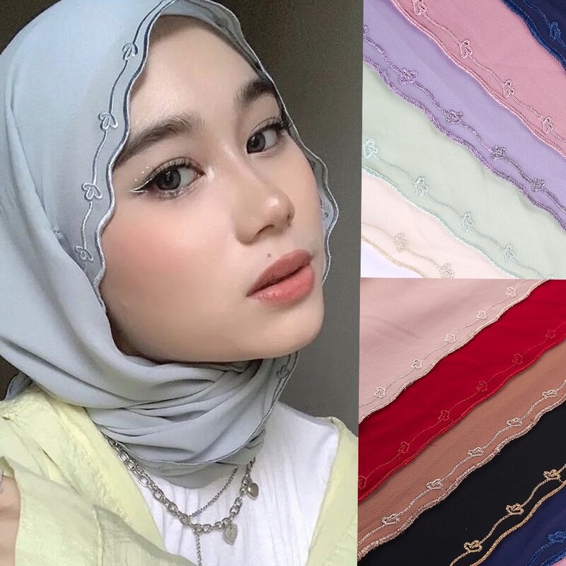 Jilbab sifon wanita Muslim dengan tepi bordir Premium sifon berat syal sulam selendang jilbab