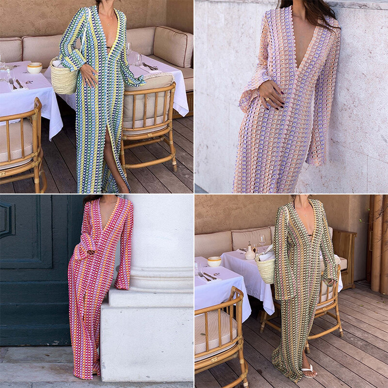 2024 baru pantai perjamuan Vestidos Crochet warna-warni garis gaun Maxi wanita Lengan suar V-Neck tinggi Split seksi renda gaun panjang