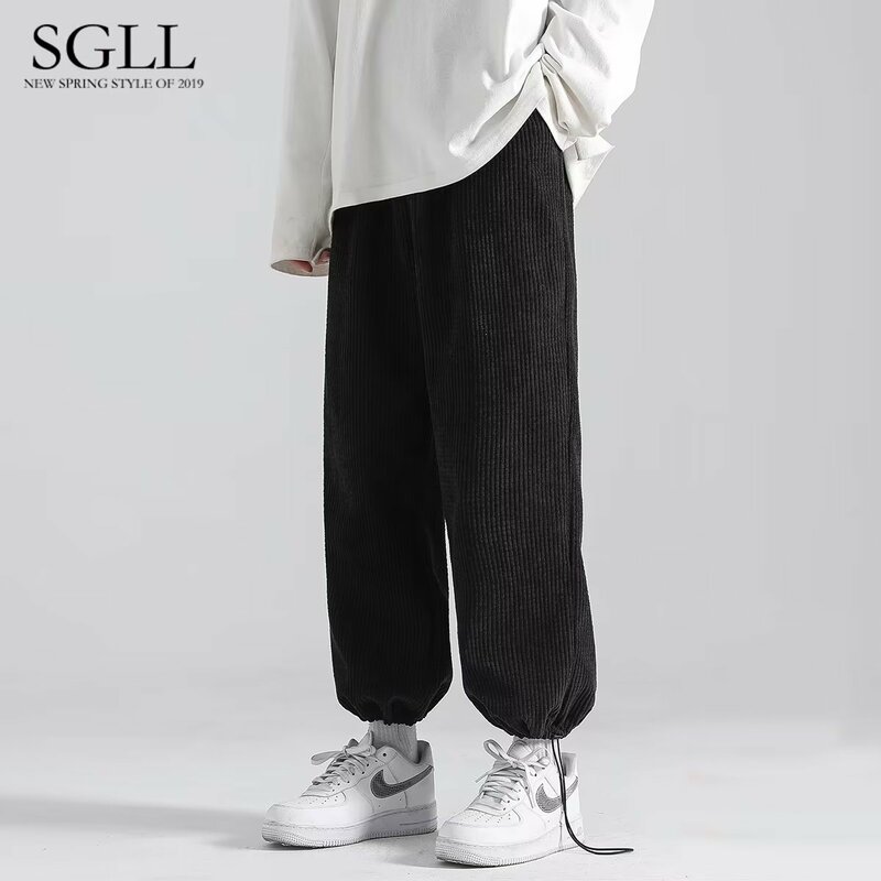 Masculino Casual cinza veludo calças de corrida, moletom com cordão, calças populares coreanas, solto Y2K roupas masculinas, corredores