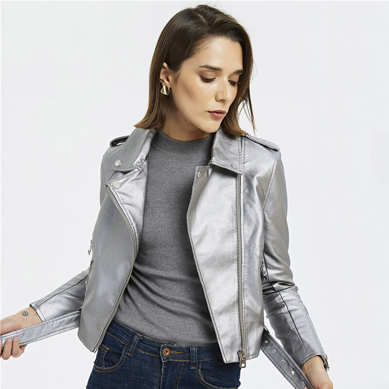 Jaquetas de couro falso para mulheres, prata brilhante, jaquetas de motocicleta PU, casacos de motociclista, roupas de couro macio feminino com cinto, novas