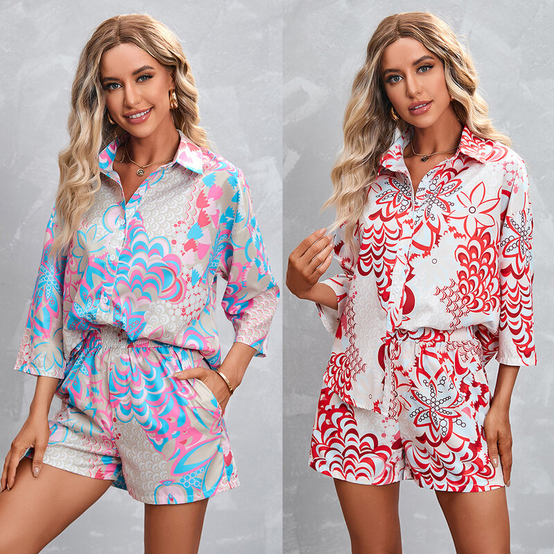 High Quality Women's Hot Selling Print Three Quarter Sleeve Personalized Print Shirt Elastic Waist Shorts Casual Two-piece Set