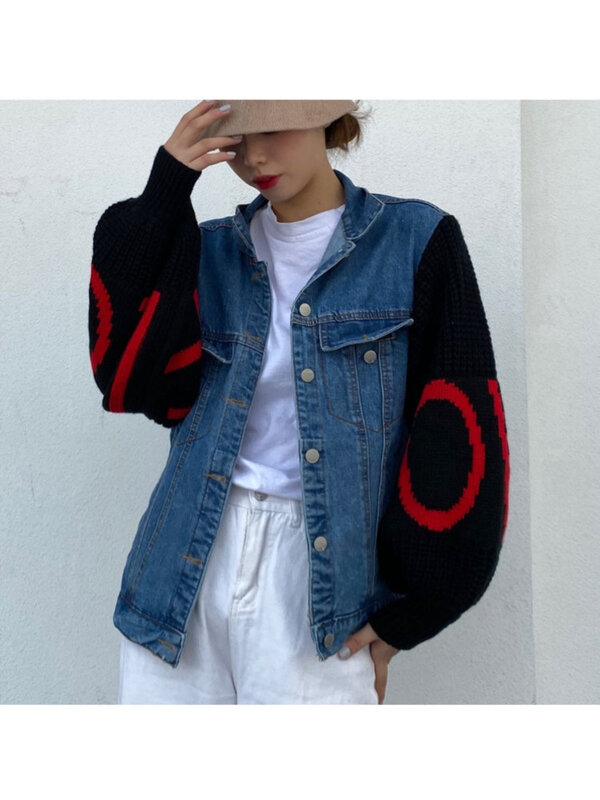 2022 new jeans stitched knit sleeve jacket foreign style fashion European style new heavy industry embroidered