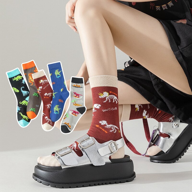 Kaus kaki pria Fashion kaus kaki kreatif dinosaurus kuno Tiongkok kartun warna-warni musim gugur musim dingin kualitas tinggi kaus kaki keren lucu