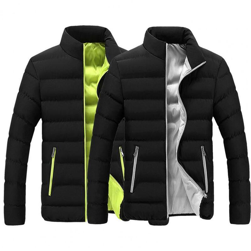 Dois bolsos de zíper lateral masculino casaco grosso, jaqueta quente, à prova de vento, gola, fechamento, inverno