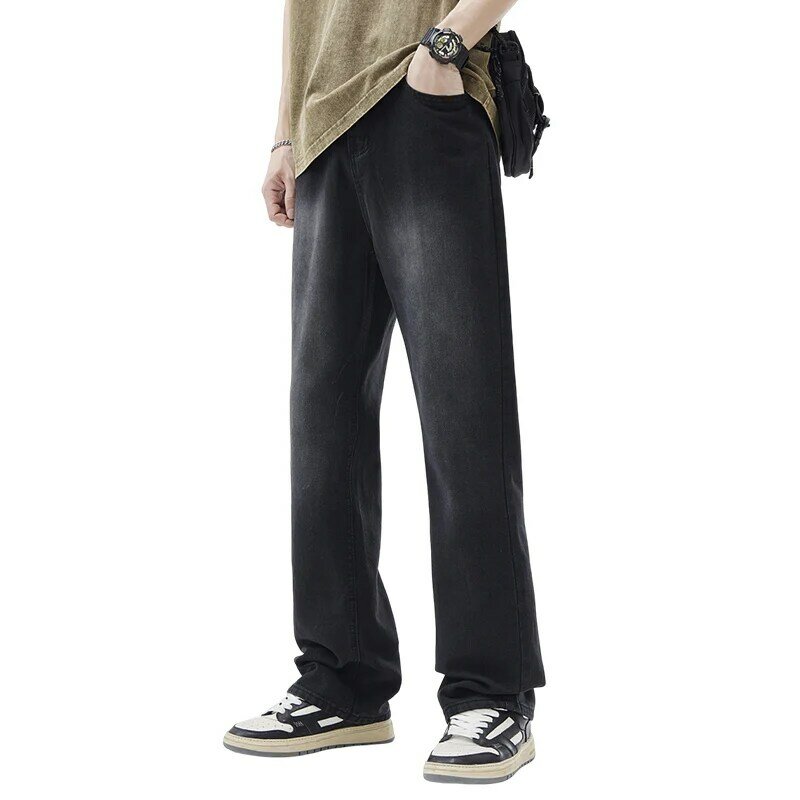 Pantalones vaqueros ajustados para hombre, pantalón de pierna ancha, color blanco lavado, versátil, marca de moda, 2024