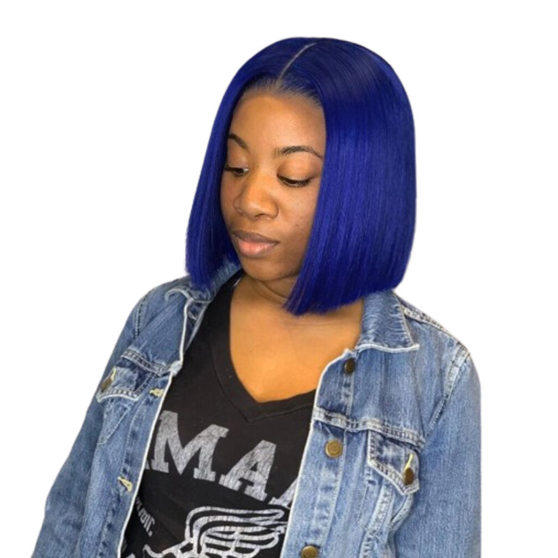 N.L.W-Peluca de cabello humano liso de 13x4 para mujer, postizo de encaje frontal, corte Bob corto, 12 pulgadas, 180% de densidad, color azul