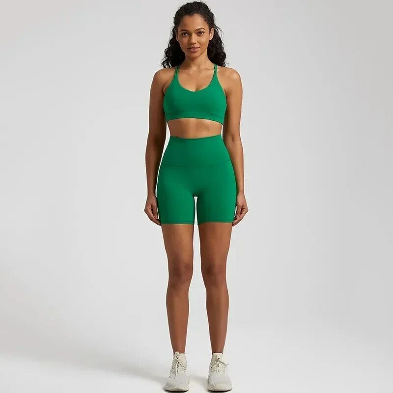 Lemon Bra olahraga wanita, lembut pinggang tinggi celana pendek Cross Fitness Set 2pc Legging pendek Yoga Gym latihan Hollow Out