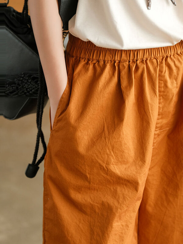 Celana pendek katun kasual wanita, celana pendek Retro pinggang elastis longgar lurus putih sederhana modis untuk musim panas