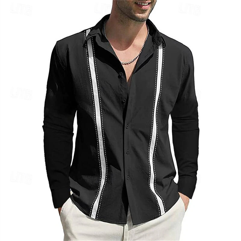 Camisa masculina de lapela impressa em 3D, monocromática, elegante, novo design criativo, roupa confortável, design de alta qualidade