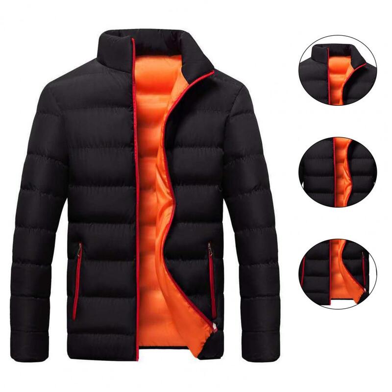 Men Jacket Two Side Zipper Pockets Coat Winter Men's Padded Coat Thick Windproof Warm Jacket with Stand Collar Zipper Closure