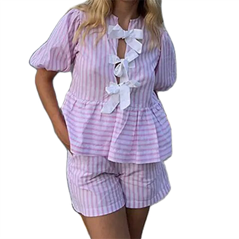 Women 2Piecce Top Shorts Sets Cute Puff Short Sleeve Bow Tie-up Shirt with Elastic Waist Shorts Summer Striped Lounge Streetwear