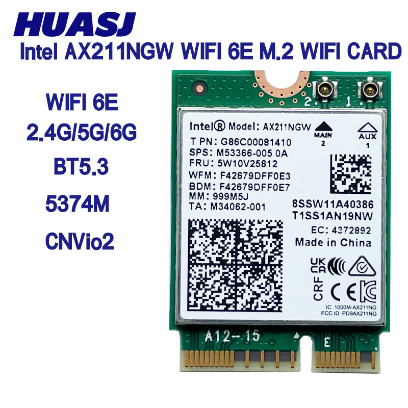Adaptor nirkabel WiFi 6E, 5374Mbps Intel AX211 CNVio2 M.2 Wifi, kartu nirkabel Bluetooth 5.3 802.11ax Dual Band WiFi6 untuk Win10 64