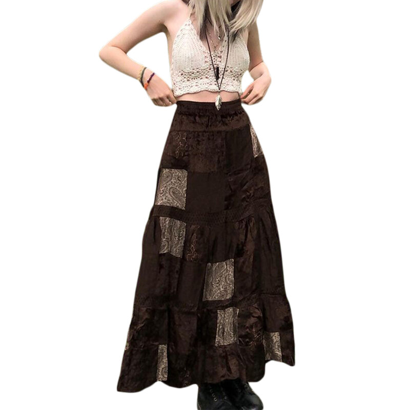 y2k Women Long Patchwork Skirt Brown Adults Vintage Elegant Flower Print Pleated Skirt