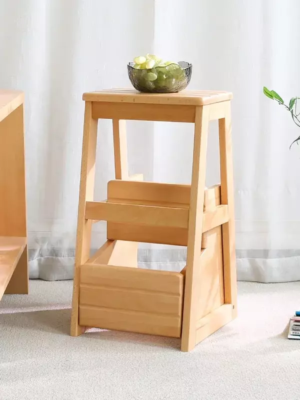 Stool Foldable Three-Step Ladder Household Living Room Study Multi-Functional Beech Ladder Chair Kitchen a High Stool