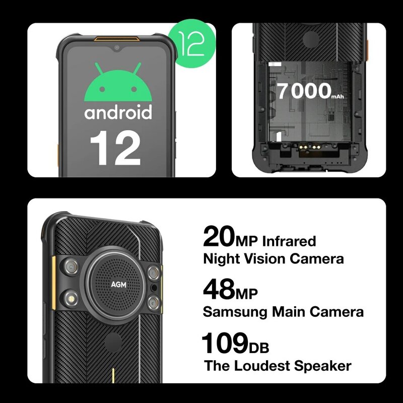 AGM H5 6+128G Rugged Smartphone Large Capacity 7000MAH IP68/IP69K Cell Phone 3.5W Loud Speaker Night Vision