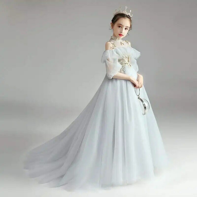 Детское модельное платье для пианино, вечернее платье для выступлений с синими цветами для девочек и принцесс, свадебное платье для приема гостей