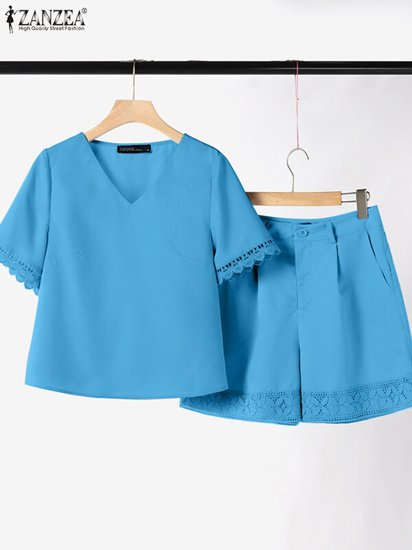ZANZEA Summer Trousers Suit Women 2PCS Matching Sets Elegant Short Sleeve Lace Crochet Blouse Short Sets Causal Holiday Outfits