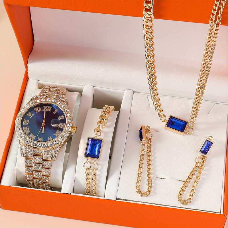 Relógio de luxo com diamantes, relógios de aço, brincos, braceletes, colares, conjunto de joias, moda, 5 peças