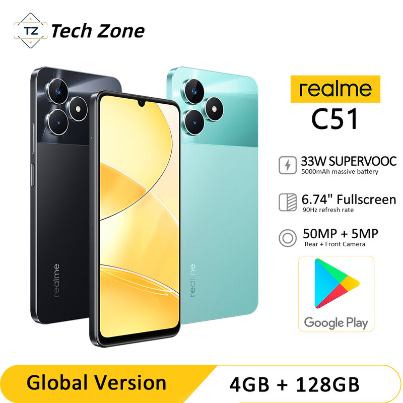 Realme-C51 Smartphone com Processador Octa-Core, Câmera AI de 50MP, 6,74 '', Tela 90Hz, Bateria 5000mAh, 33W, Carga SUPERVOOC, Estreia Mundial