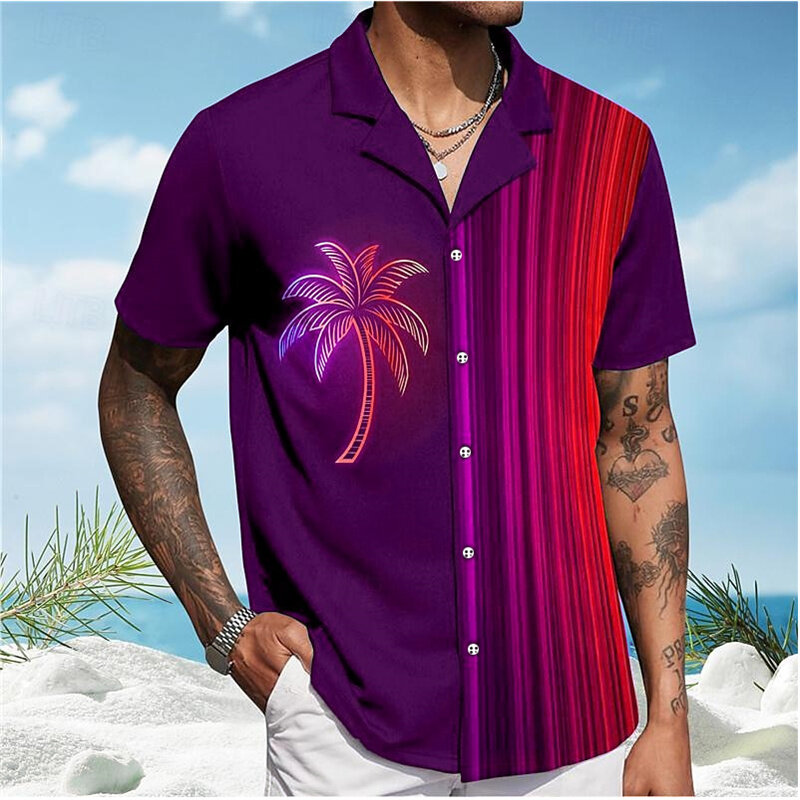 Camisa estampada 3D palmeira masculina, lapela de praia de férias, manga curta, cor roxa, tamanho grande 5XL, Havaí, verão