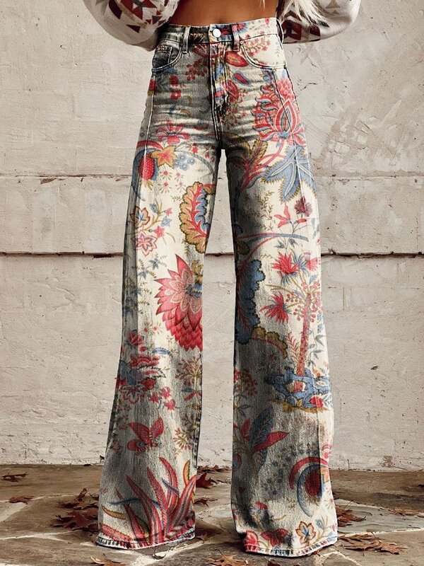 Pantalones vaqueros con estampado Floral para mujer, pantalón de pierna ancha de cintura alta, holgado, informal, s-xl, elegante, Coreano