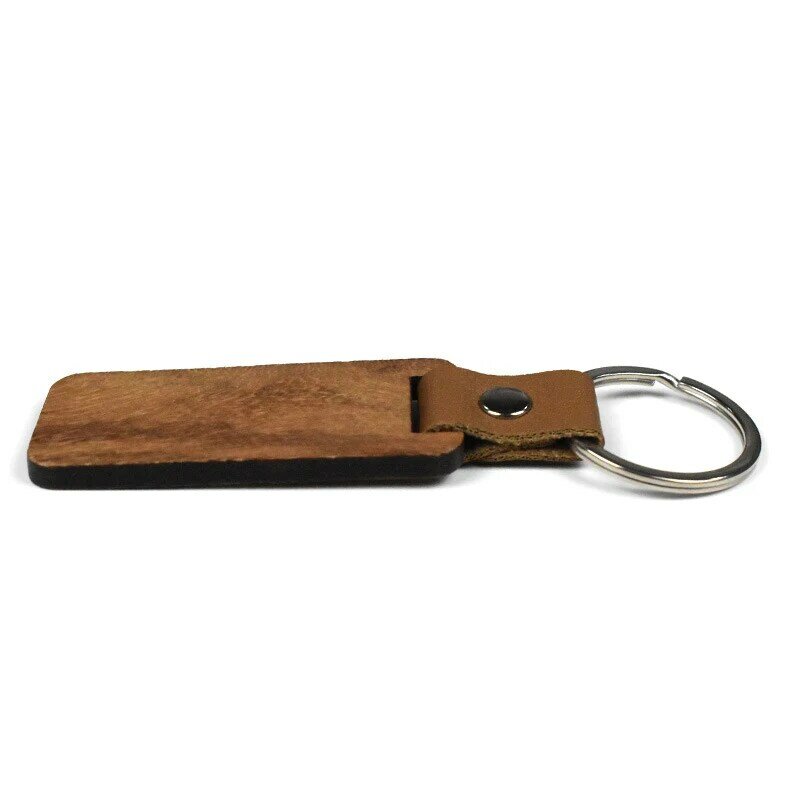50 buah gantungan kunci kayu persegi panjang, gantungan kunci kulit PU kosong, gantungan kunci liontin kayu