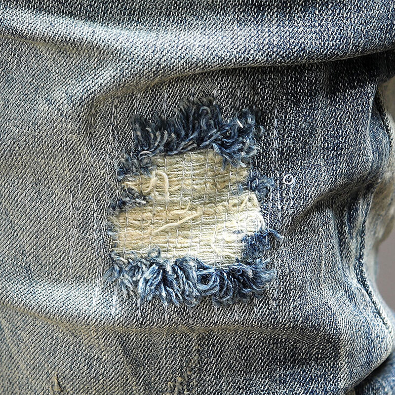 Projektant mody męskie jeansy Retro żółty niebieski elastyczny Slim Fit porwane jeansy męskie spodnie dziura Vintage casualowe spodnie jeansowe Hombre