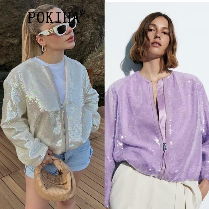 Pokiha-Chaqueta de lentejuelas de lujo para mujer, abrigo de manga larga con cremallera frontal, prendas de vestir exteriores femeninas, Tops elegantes