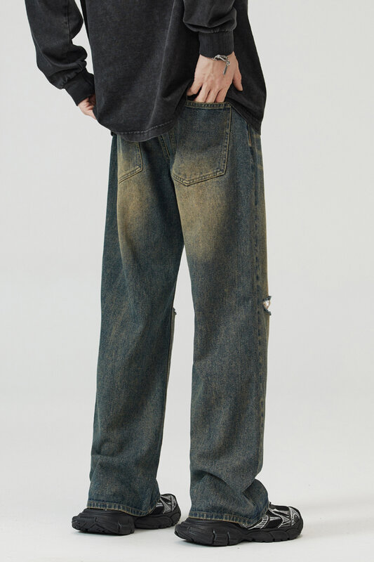 Jeans rasgados de corte azul velho feito americano masculino, calças de perna reta, primavera, verão, 2022