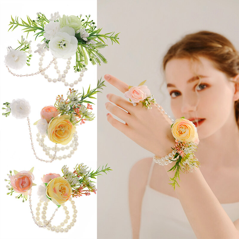 Artificial Flower Pearl Hand Wrist Flower Corsage Bridesmaid Wedding Party Bracelet Decor Romantic Accessories