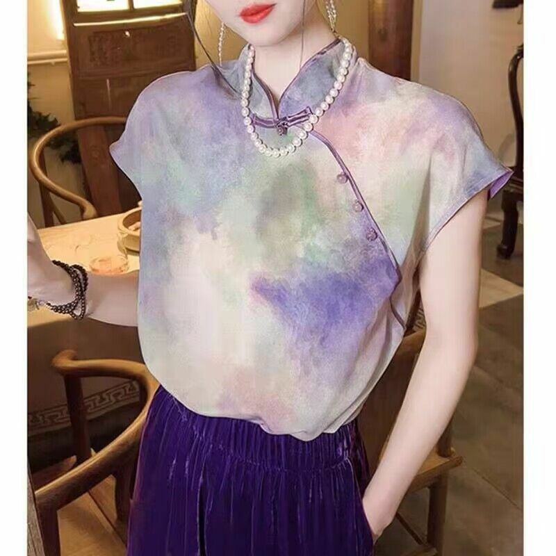 Blusa feminina com gola em v vintage estampada, camisa feminina, blusa solta, roupa tradicional, estilo chinês, nova, verão, 2023