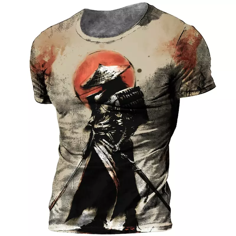 Camiseta retrô estilo rua masculina, estampa samurai extra grande, manga curta, moda japonesa, nova, 2024