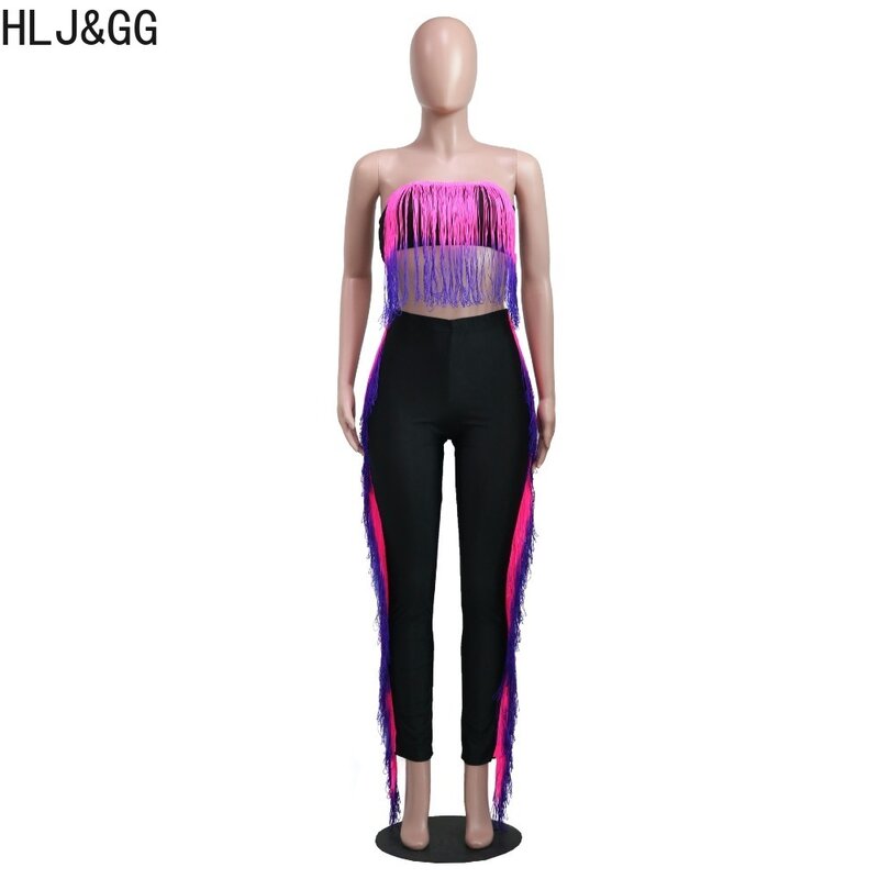 HLJ&&GG Fashion Gradient Tassels Tube Two Piece Sets Women Sleeveless Backless Crop Top+Skinny Pants Outfits Female Streetwsear
