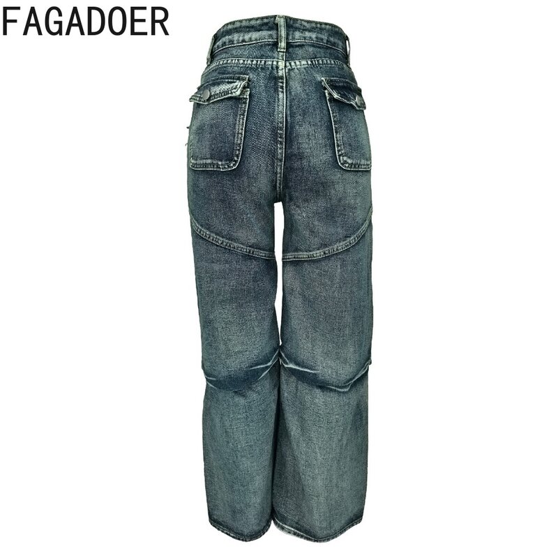 FAGADOER-pantalones Cargo de mezclilla con bolsillo para mujer, pantalón vaquero informal de cintura alta con botones y pierna ancha, color gris