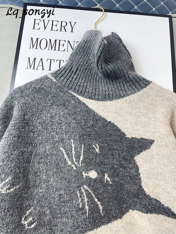 Y2k Oversized Sweater Cat Jacquard Knitted Pullovers 2022 Autumn Winter Girls Kawaii Turtleneck Jumper Lq_songyi LQ9