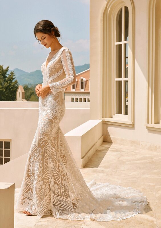 Boho wykwintne suknie ślubne z dekoltem w serek syrenka dla kobiet 2024 eleganckie suknie ślubne koronkowe aplikacje Vestidos De Novia