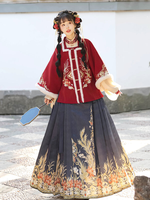 Robe Hanfu Ming System pour femme, châle à col carré, jupe visage de cheval, épaissie, trempée, année par année, nouvel an, automne et hiver