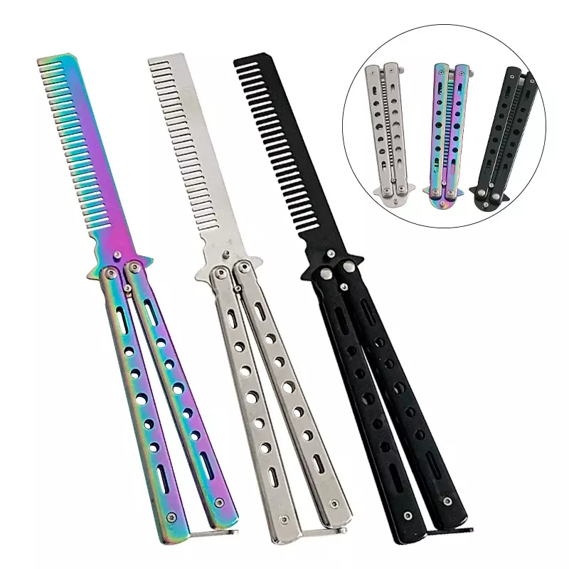 Foldable Comb Stainless Steel Practice Training Butterfly Knife Comb Beard Moustache Brushe Salon Hairdressing Styling Tool