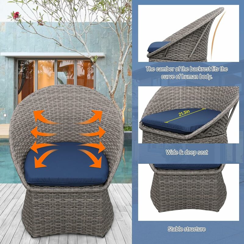 3 Pieces Patio Furniture Set, Outdoor Wicker Bistro Set, Gery Rattan Conversation Chairs Set for Porch, with Navy blue Cushions
