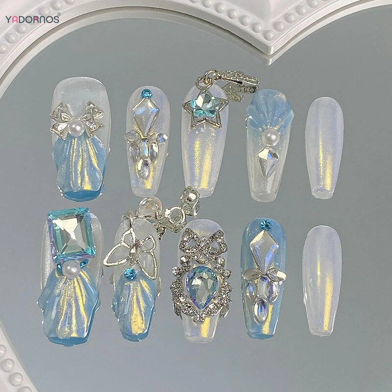 Handmade Fake Nails Glitter Blue Press on Nails Alloy Bowknot Butterfly Star Designed Wearable False Nails Tips Diamond Decor