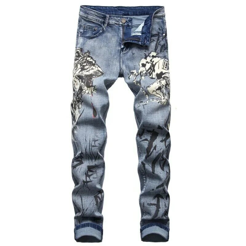 Европейские и американские джинсы с 3D принтом, эластичные джинсы Y2K с рисунком, трендовые индивидуальные повседневные мужские узкие джинсовые брюки