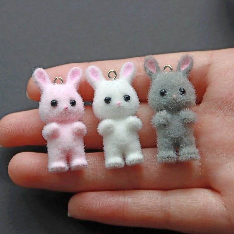 30pcs 3D Cartoon Rabbits Charms Flocking Animal Pendants For Making Bracelet Necklace Keychain Handmade Accessories Supplies